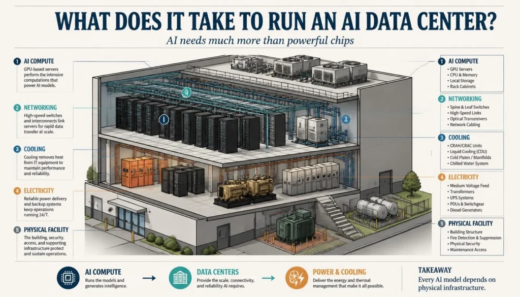 Technical infographic showing AI data-center infrastructure, including GPU servers, networking equipment, cooling systems, transformers, and electrical power distribution.