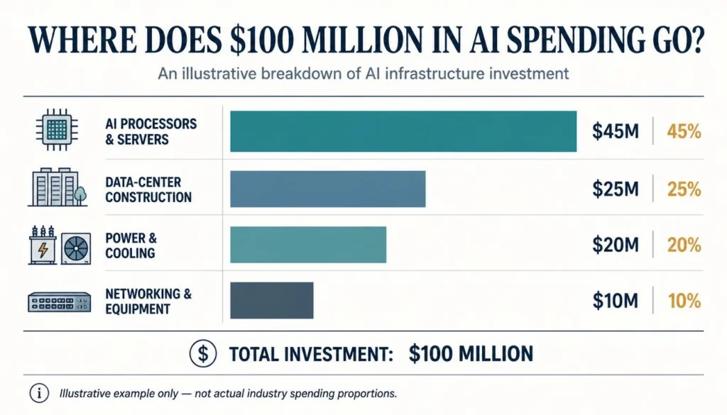 Hypothetical $100 million AI infrastructure spending chart allocating $45 million to processors and servers, $25 million to data centers, $20 million to power and cooling, and $10 million to networking.