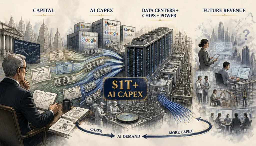 AI investment boom showing capital flowing into data centers, chips, power infrastructure and cloud computing