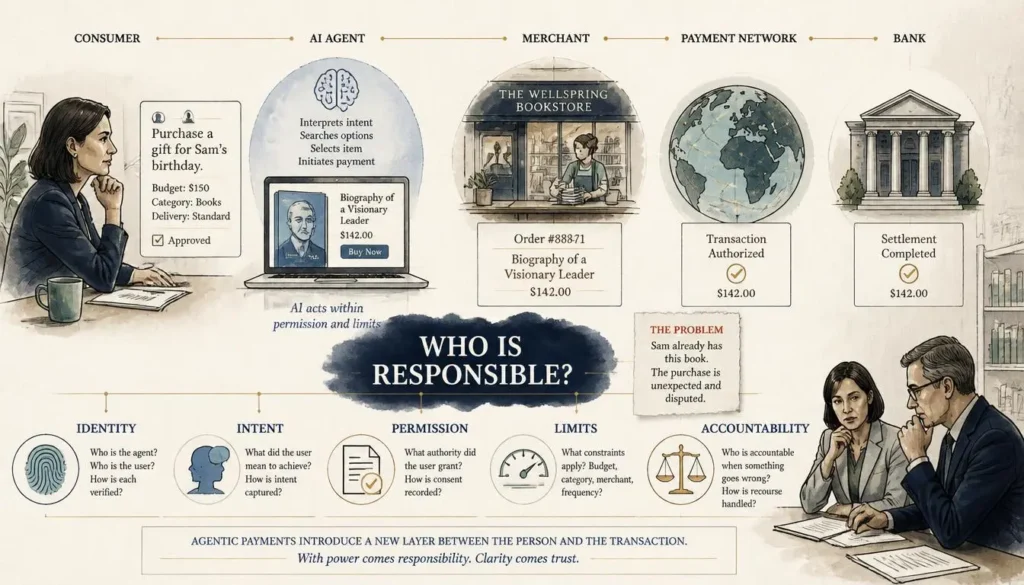 AI payment responsibility chain showing consumer, AI agent, merchant and payment provider