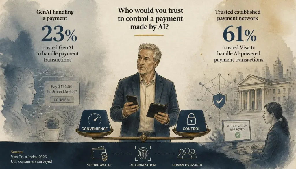 Consumer trust comparison showing low trust in AI handling payments versus higher trust in payment providers