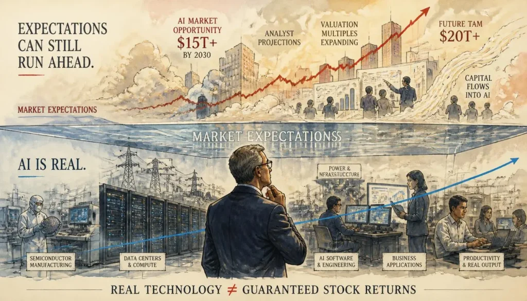 Real AI technology and economic value contrasted with rapidly rising investor expectations and stock valuations