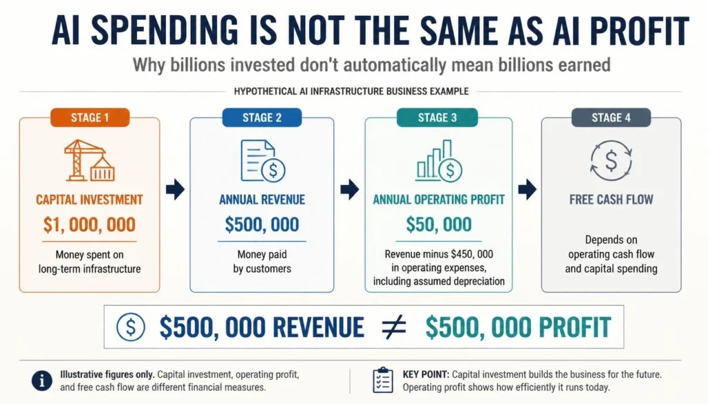Financial infographic explaining the difference between $1 million in hypothetical AI capital investment, $500,000 in annual revenue, $50,000 in operating profit, and free cash flow.