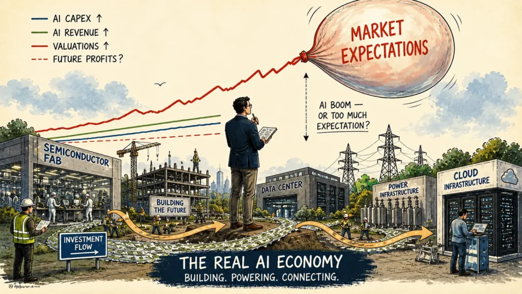 AI stock bubble illustration showing real AI infrastructure and rising market expectations
