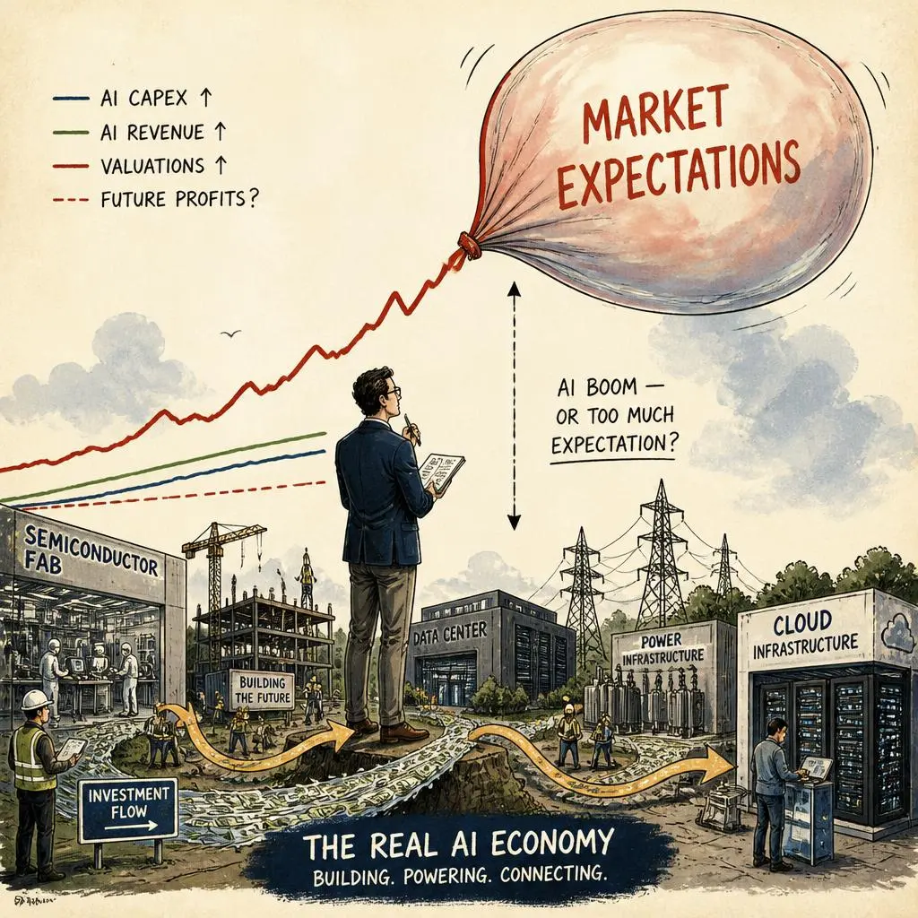 AI stock bubble illustration showing real AI infrastructure and rising market expectations