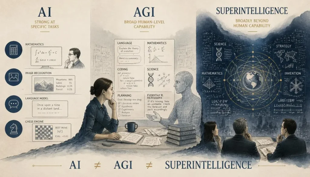 AI vs AGI vs superintelligence showing the difference in capability