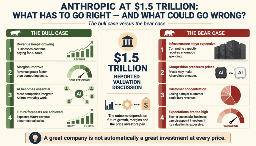 Anthropic IPO infographic comparing growth opportunities with infrastructure spending, competition, customer concentration and valuation risks.