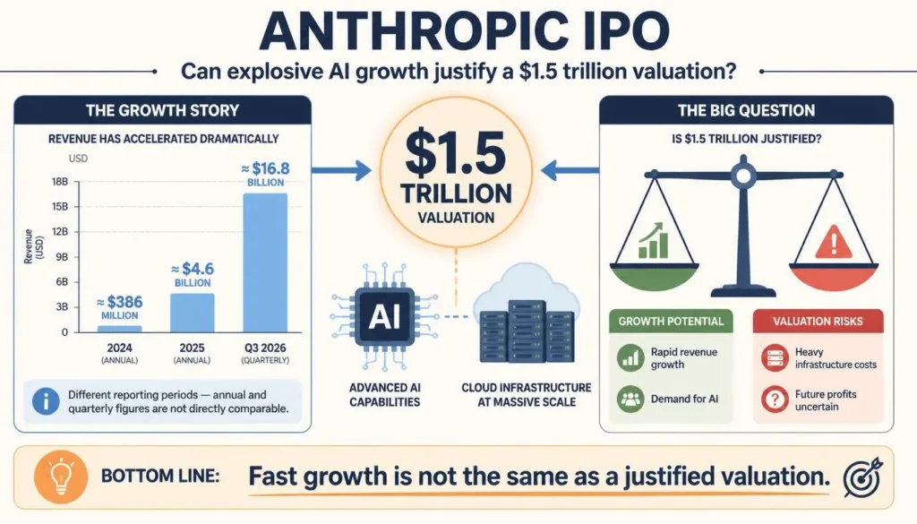 Anthropic IPO infographic showing reported revenue growth, a $1.5 trillion valuation and the risks of high infrastructure spending.