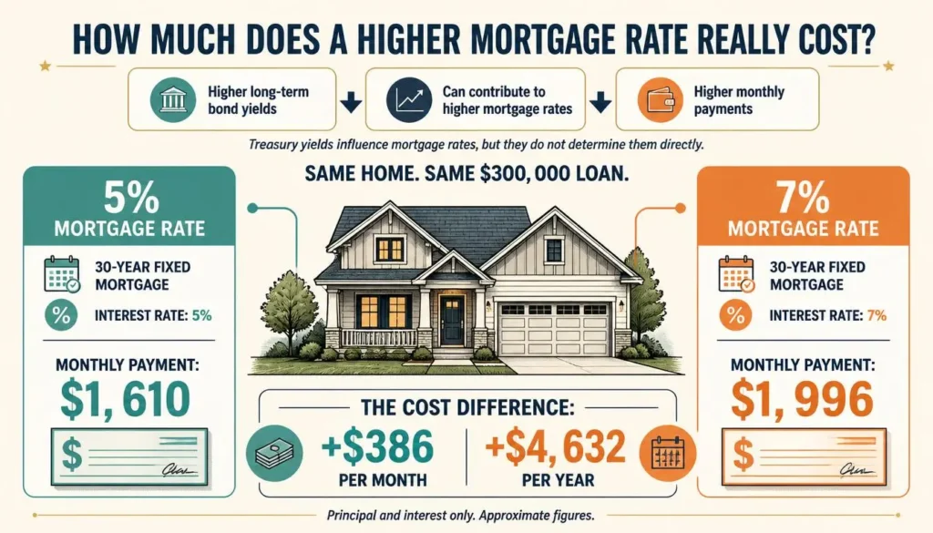 Mortgage payment comparison infographic showing a $300,000 30-year home loan costing approximately $1,610 monthly at 5% interest versus $1,996 at 7%, a $386 difference.