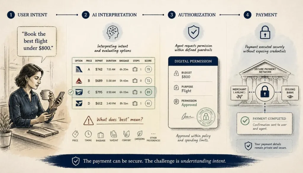 Diagram showing how an AI agent turns user intent into an authorized payment