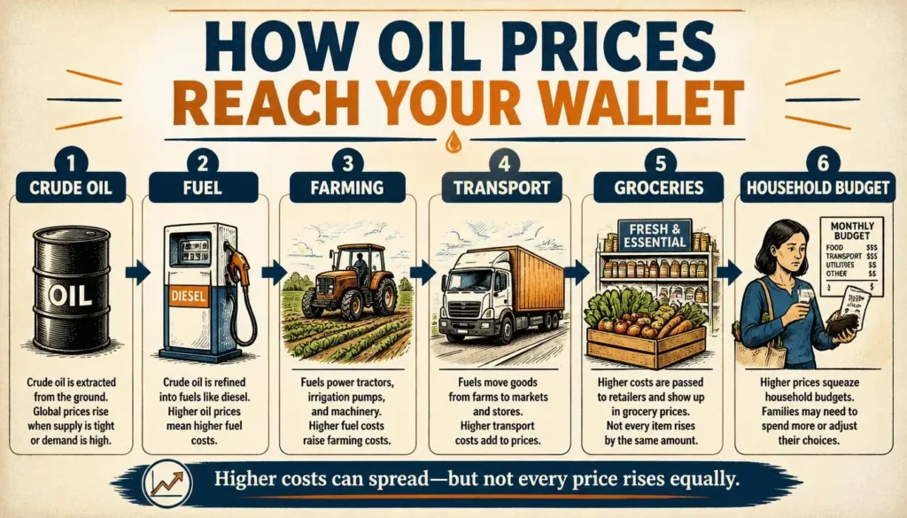 Infographic showing how higher oil prices can affect fuel, farming, transportation, grocery costs and household budgets.