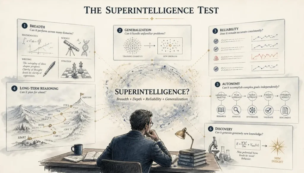 Six capabilities used to examine whether AI could qualify as superintelligence
