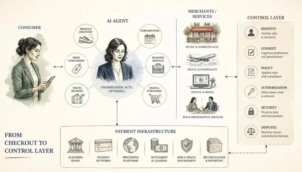 AI agent connecting consumers, merchants and payment networks in the future of agentic commerce