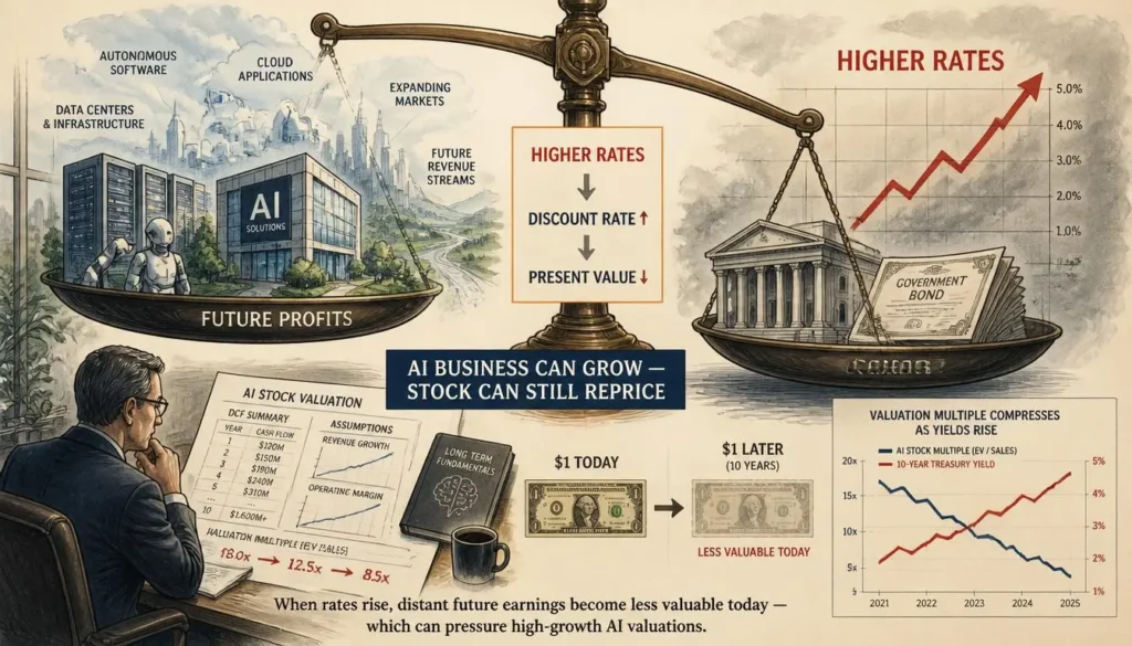 Higher interest rates reducing the present value of future AI stock profits and valuations
