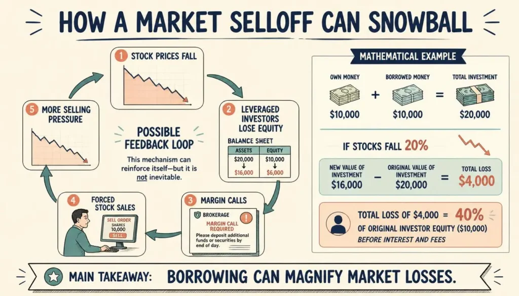 Stock market selloff diagram illustrating how falling share prices, leveraged losses, margin calls, and forced selling can create a cycle of further market declines.