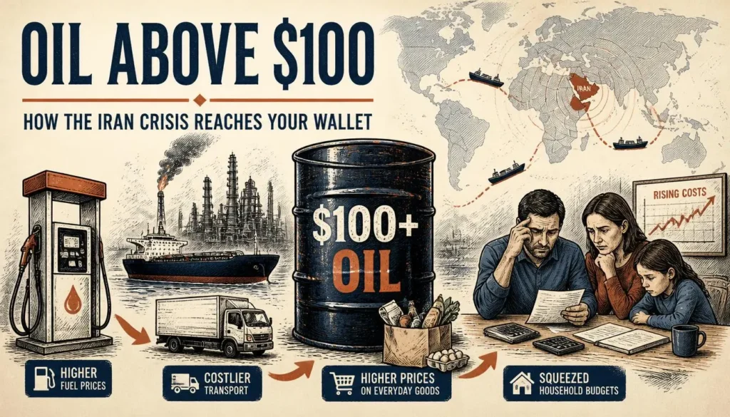 Editorial illustration showing oil above $100 per barrel and its potential impact on fuel, groceries, businesses and household budgets.
