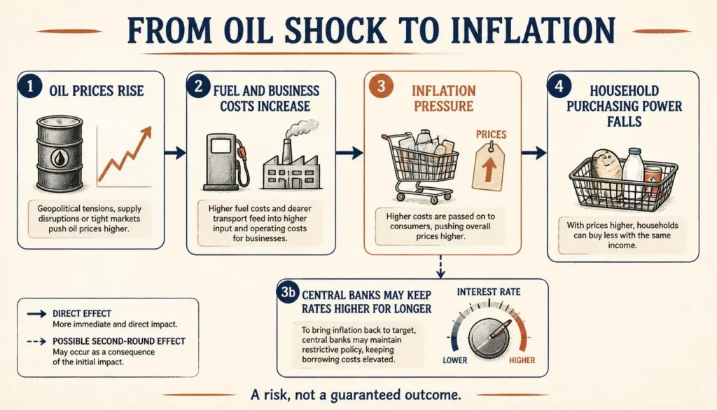 Economics infographic showing how higher oil prices can raise business costs, increase inflation pressure and affect interest rates and household purchasing power.