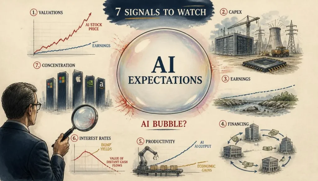Seven warning signs of an AI bubble including valuations, capex, earnings, financing, productivity, rates and market concentration