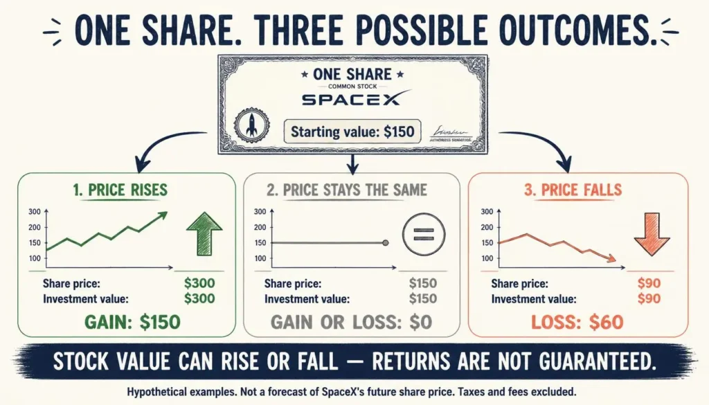 Infographic comparing a hypothetical $150 stock share rising to $300, staying at $150 or falling to $90, showing the resulting gain or loss.