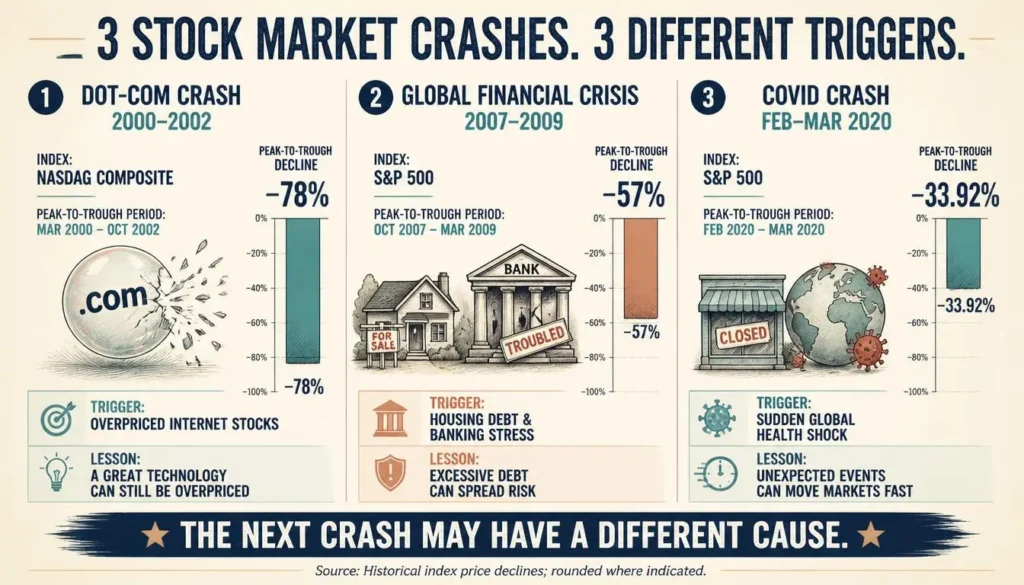 Historical stock market crash comparison showing the Nasdaq falling approximately 78% during the dot-com crash, the S&P 500 falling 57% in the financial crisis, and 33.92% during the COVID-19 crash.