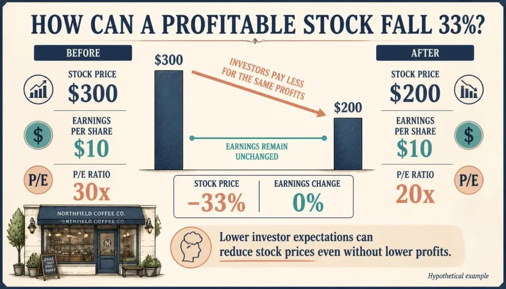 P/E ratio infographic showing a stock price falling 33% from $300 to $200 while earnings remain $10 per share as the P/E ratio drops from 30 to 20.