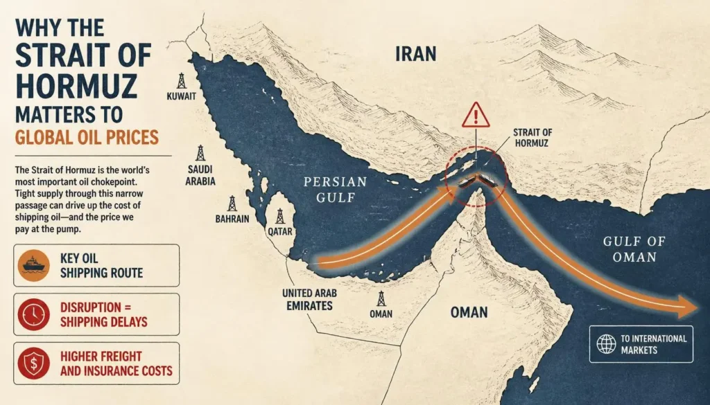 Educational map showing the Strait of Hormuz between Iran and Oman, with oil tanker routes and shipping disruption risks.