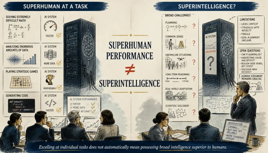 Superhuman AI performance versus broad artificial superintelligence