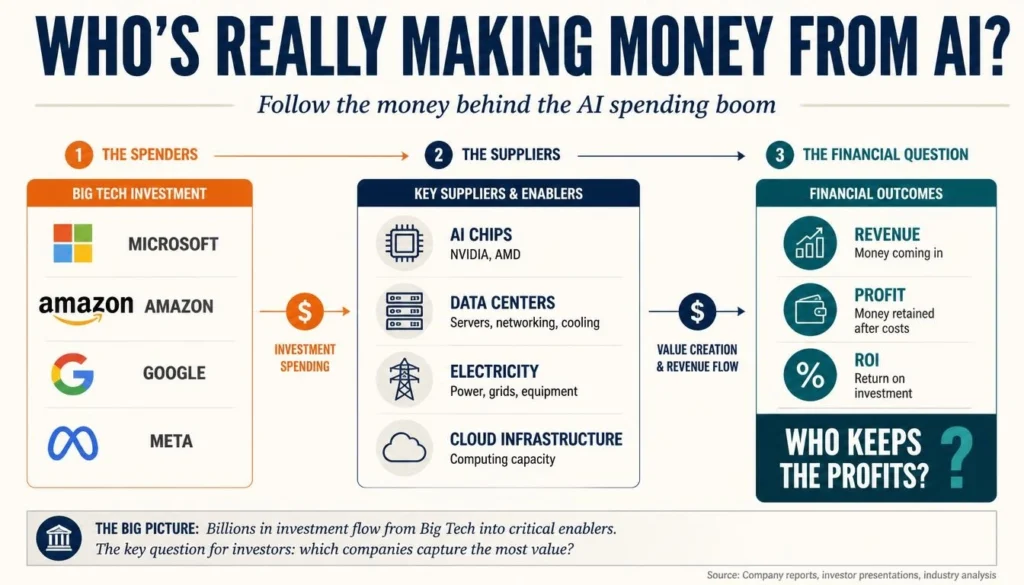 Financial infographic showing how AI spending by Microsoft, Amazon, Google, and Meta flows to chipmakers, data centers, electricity infrastructure, and cloud services.