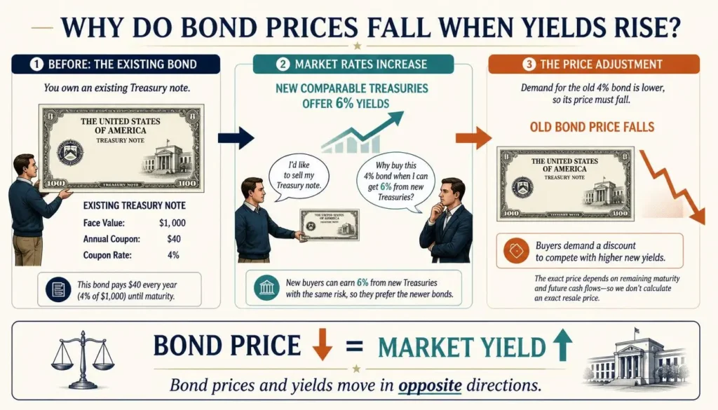 Infographic explaining why existing Treasury bond prices fall when new comparable bonds offer higher yields, using a 4% coupon versus 6% market yield example.