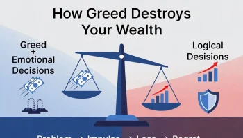 How Greed Destroys Your Wealth infographic: Balance scale showing emotional greed decisions leading to financial loss versus logical decisions leading to stable growth and protection