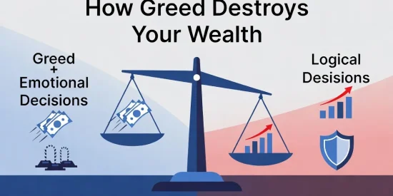 How Greed Destroys Your Wealth infographic: Balance scale showing emotional greed decisions leading to financial loss versus logical decisions leading to stable growth and protection