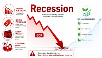 Recession explained 2026 infographic: How economic recession affects jobs, savings, and daily life with GDP decline, unemployment, and protection strategies