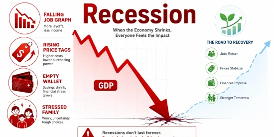 Recession explained 2026 infographic: How economic recession affects jobs, savings, and daily life with GDP decline, unemployment, and protection strategies