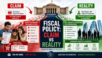 Fiscal policy explained infographic: Claim vs reality showing how government taxes and spending affect common people vs big corporations
