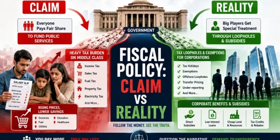 Fiscal policy explained infographic: Claim vs reality showing how government taxes and spending affect common people vs big corporations