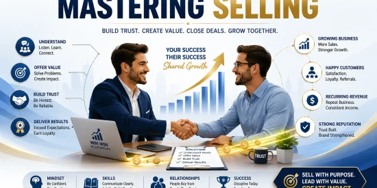 How to become proficient in selling infographic: key skills for entrepreneurs including understanding customer needs, selling emotions, and building trust
