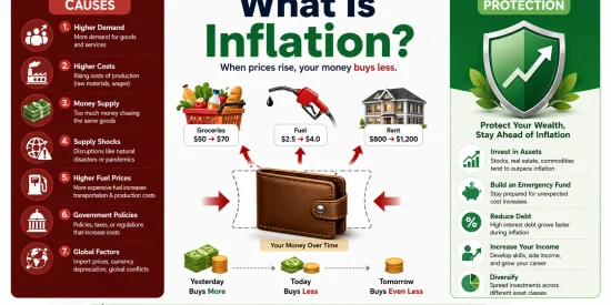 What is inflation explained infographic: 7 real causes, how inflation hits your wallet with rising prices on groceries, rent, and fuel, and how to protect your money in 2026