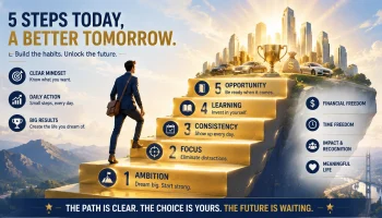 5 proven steps rich people use to achieve financial success infographic showing ambition focus consistency lifelong learning and opportunity for long-term wealth building