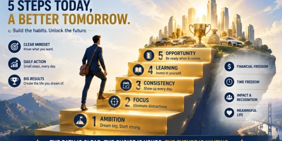 5 proven steps rich people use to achieve financial success infographic showing ambition focus consistency lifelong learning and opportunity for long-term wealth building