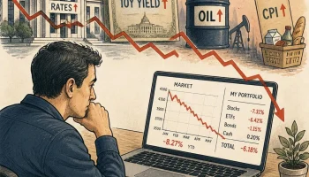 Investor looking at a falling stock portfolio while interest rates, Treasury yields, oil prices, and the broader market come under pressure. And thinking why the stock market is falling?