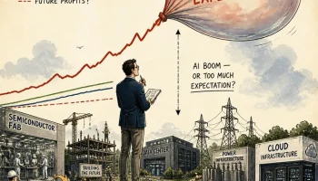 AI stock bubble illustration showing real AI infrastructure and rising market expectations