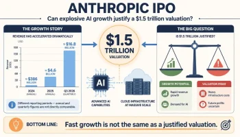 Anthropic IPO infographic showing reported revenue growth, a $1.5 trillion valuation and the risks of high infrastructure spending.