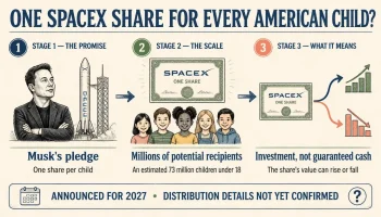 Infographic explaining Elon Musk's proposed one-SpaceX-share gift per American child, the estimated number of children and the uncertainty surrounding distribution.