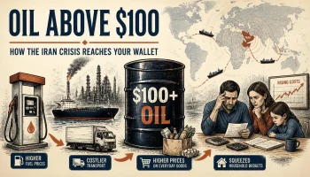 Editorial illustration showing oil above $100 per barrel and its potential impact on fuel, groceries, businesses and household budgets.