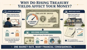 Infographic explaining how rising US Treasury yields can pressure stock valuations, influence mortgage rates, and improve returns available to new Treasury investors.
