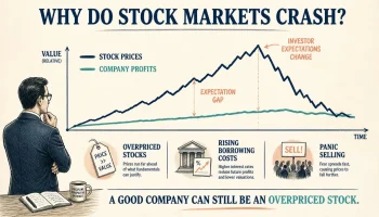 Stock market crash infographic showing how stock prices rise faster than company profits before falling due to changing investor expectations.