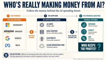 Financial infographic showing how AI spending by Microsoft, Amazon, Google, and Meta flows to chipmakers, data centers, electricity infrastructure, and cloud services.